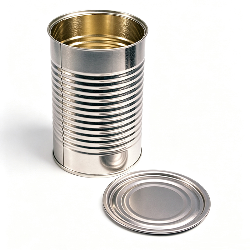 14 oz (300×407 size) three-piece metal can with a standard gray lid.